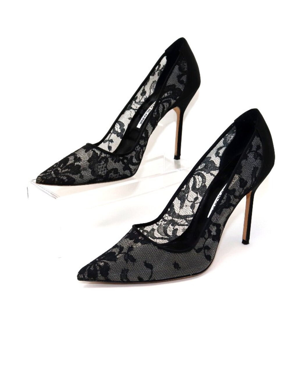 SOLD——- Manolo Blahnik 38 BB 105 Black Floral Lace Satin Stiletto Point Toe Pump - Picture 10 of 15
